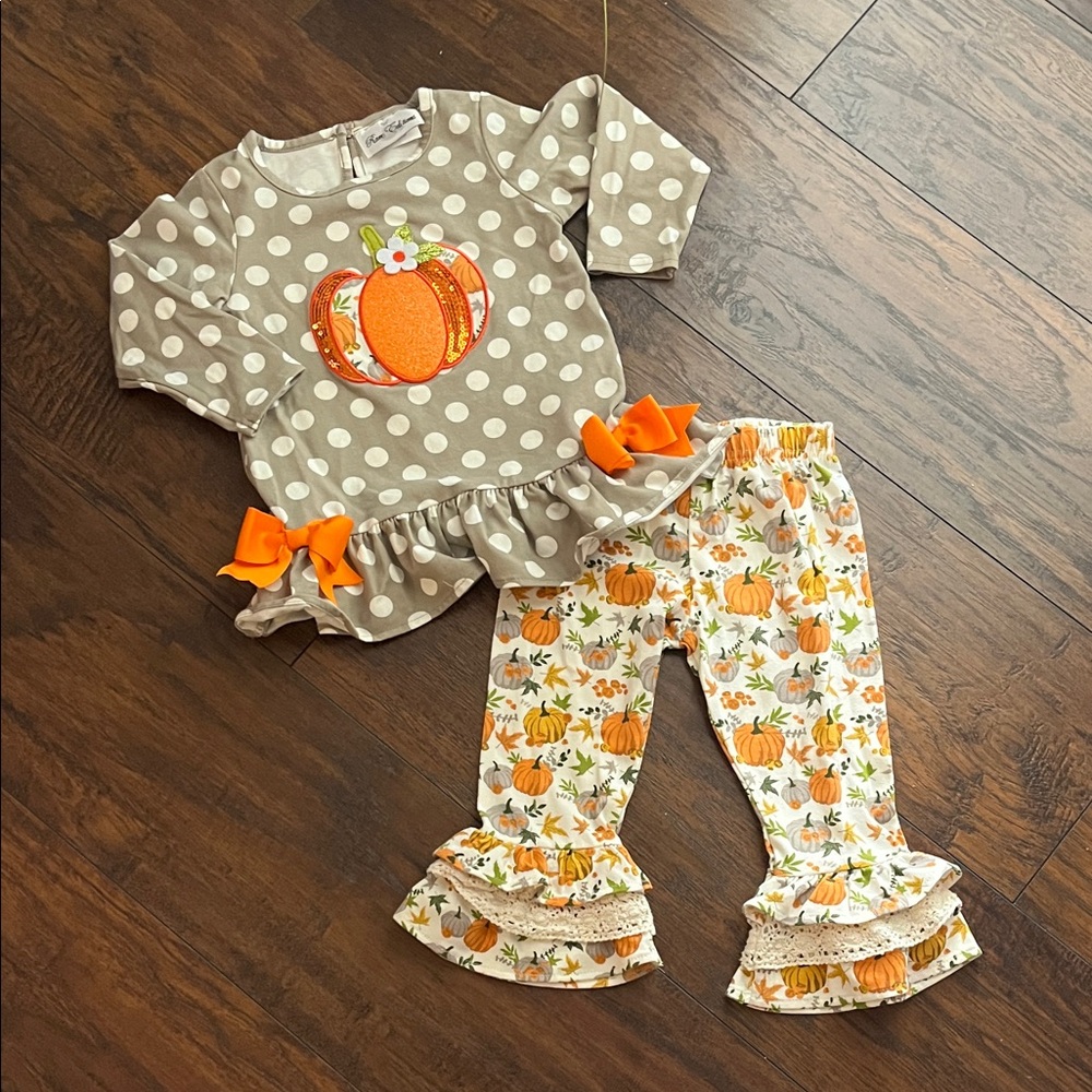 EUC Rare Editions Pumpkin Peplum Top and Ruffle Pants Set